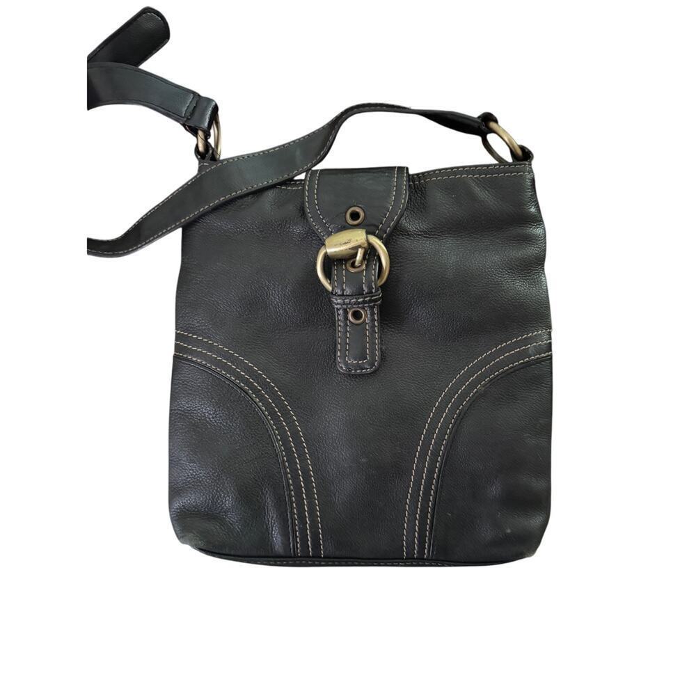 Vintage Genuine Leather Black Crossbody Shoulder Bag with Brass style Buckle